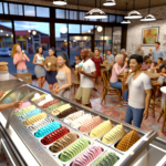 Vibrant gelato shop interior filled with families enjoying colorful gelato and cozy decor.