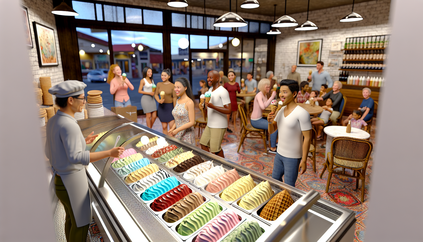 Vibrant gelato shop interior filled with families enjoying colorful gelato and cozy decor.