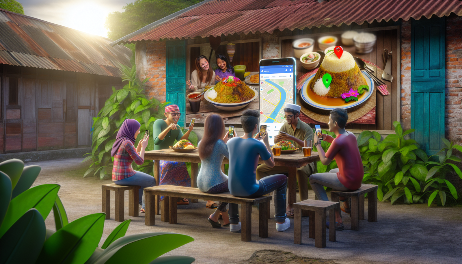 Vibrant local eatery scene with colorful dishes, young people taking photos, and digital engagement.