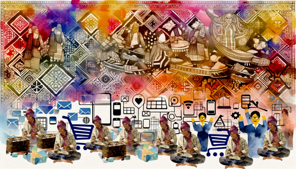 Watercolor of batik artisans blending traditional craft with digital e-commerce elements.