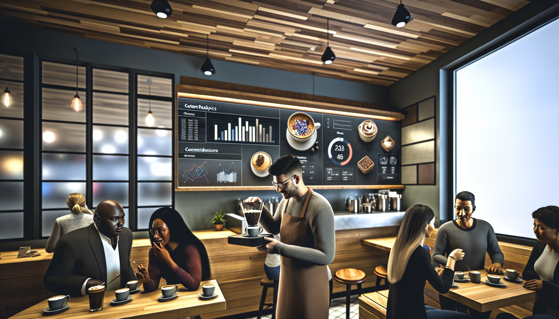 A trendy coffee shop scene with a barista, customers, and integrated data analytics visuals.