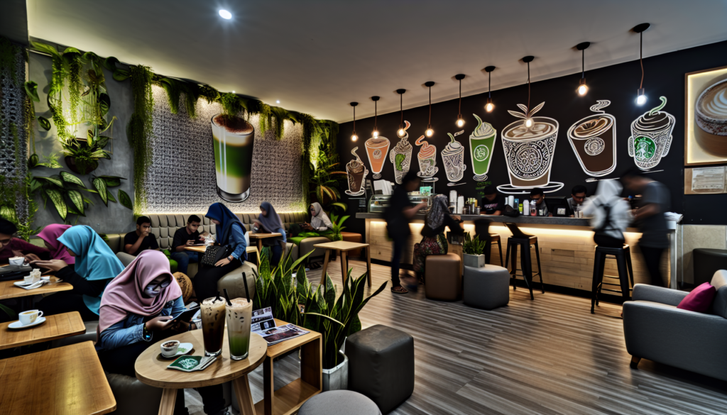 Cozy Indonesian coffee shop with patrons enjoying drinks in a vibrant, welcoming atmosphere.