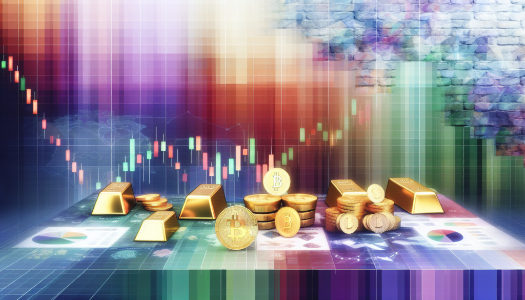Digital painting of a balanced investment portfolio with stocks, gold, crypto, and mutual funds.