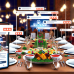Photorealistic dining scene with local dishes, glowing reviews, and social media hints.