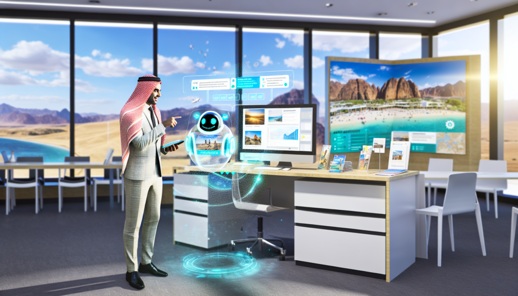A modern travel agency office with a chatbot on a screen and views of iconic destinations.