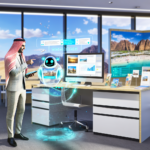 A modern travel agency office with a chatbot on a screen and views of iconic destinations.