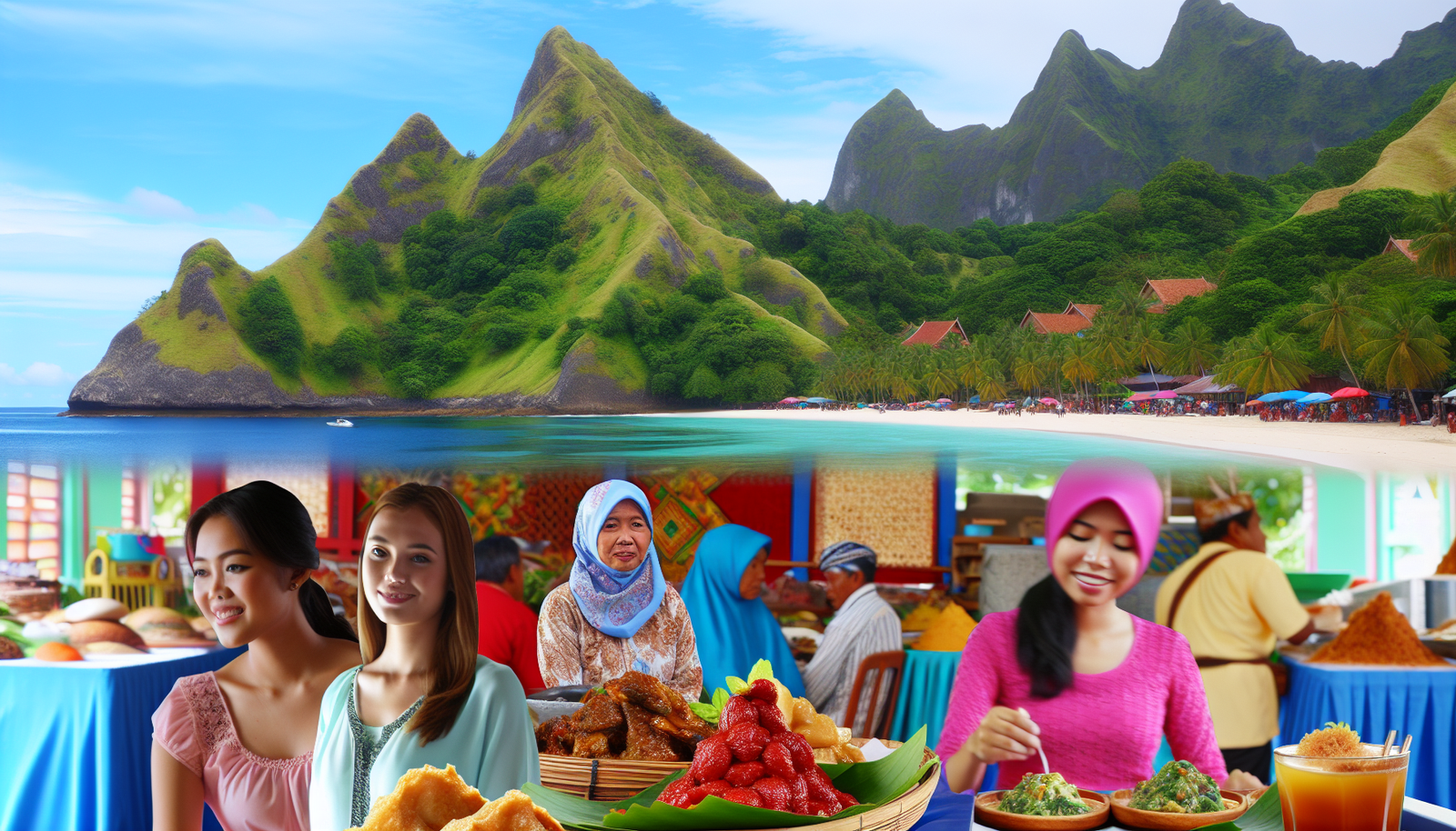 Vibrant coastal scene of Indonesia with beaches, mountains, local food, and tourists enjoying activities.
