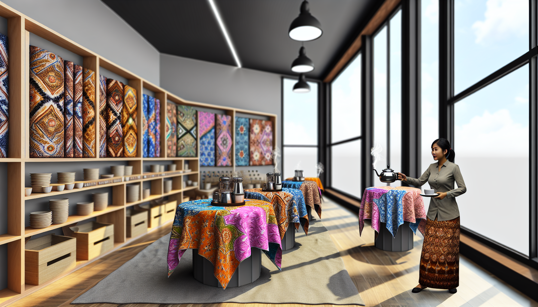 Cozy coffee shop with batik decor; barista in batik attire serves coffee amid vibrant textiles.