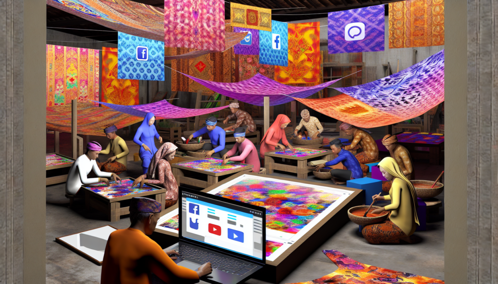 Vibrant batik workshop with artisans, colorful fabrics, and digital marketing tools blending tradition and innovation.