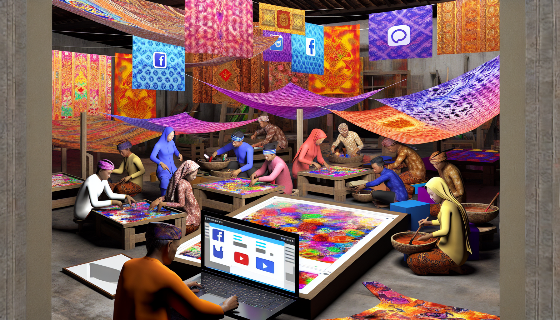 Vibrant batik workshop with artisans, colorful fabrics, and digital marketing tools blending tradition and innovation.