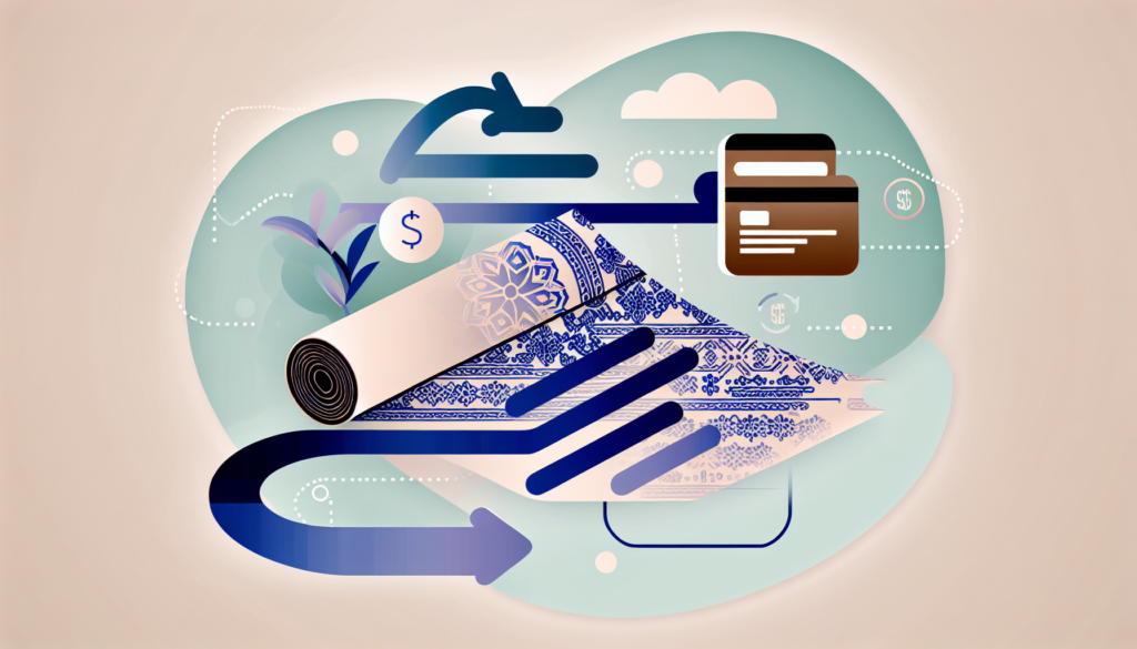 Minimalist vector of a batik business with fabric, digital payment icons, and cash flow arrows.