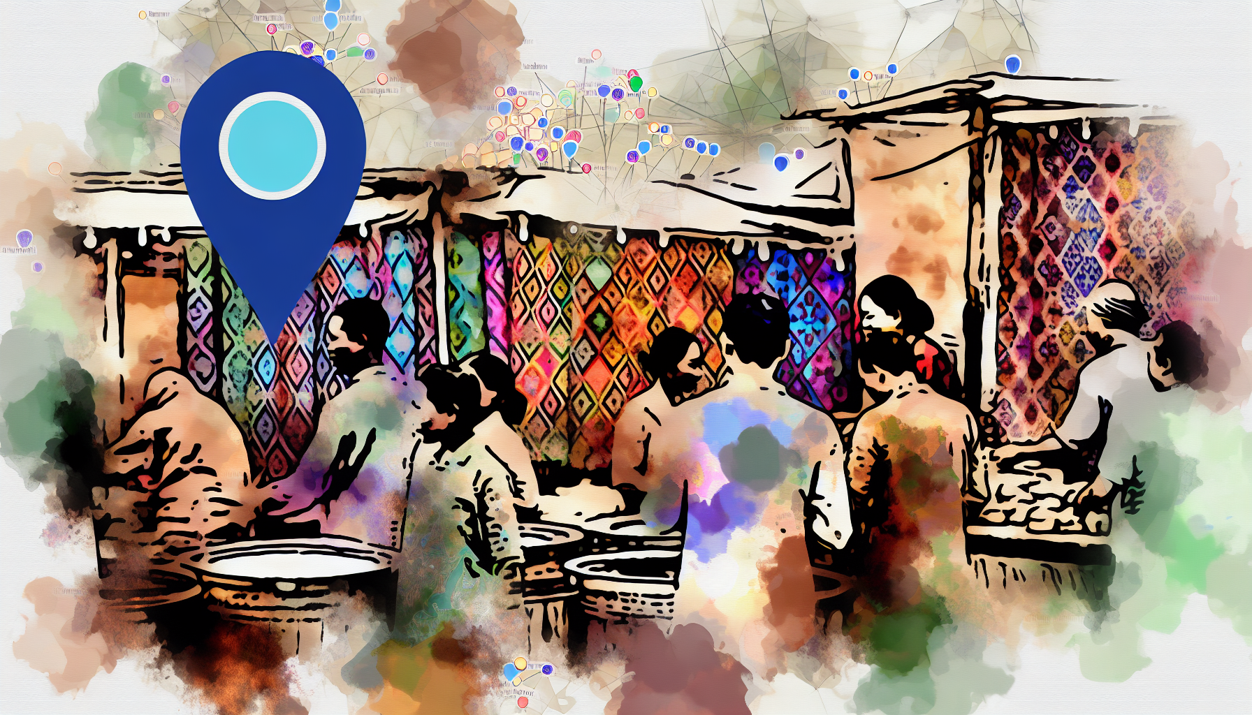 Vibrant market scene with batik artisans, food stalls, and community interaction elements.