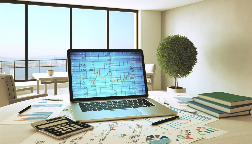 Modern workspace with laptop, financial charts, potted plant, and notes for investment management.