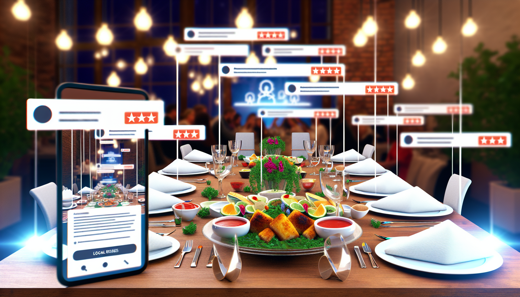 Photorealistic dining scene with local dishes, glowing reviews, and social media hints.