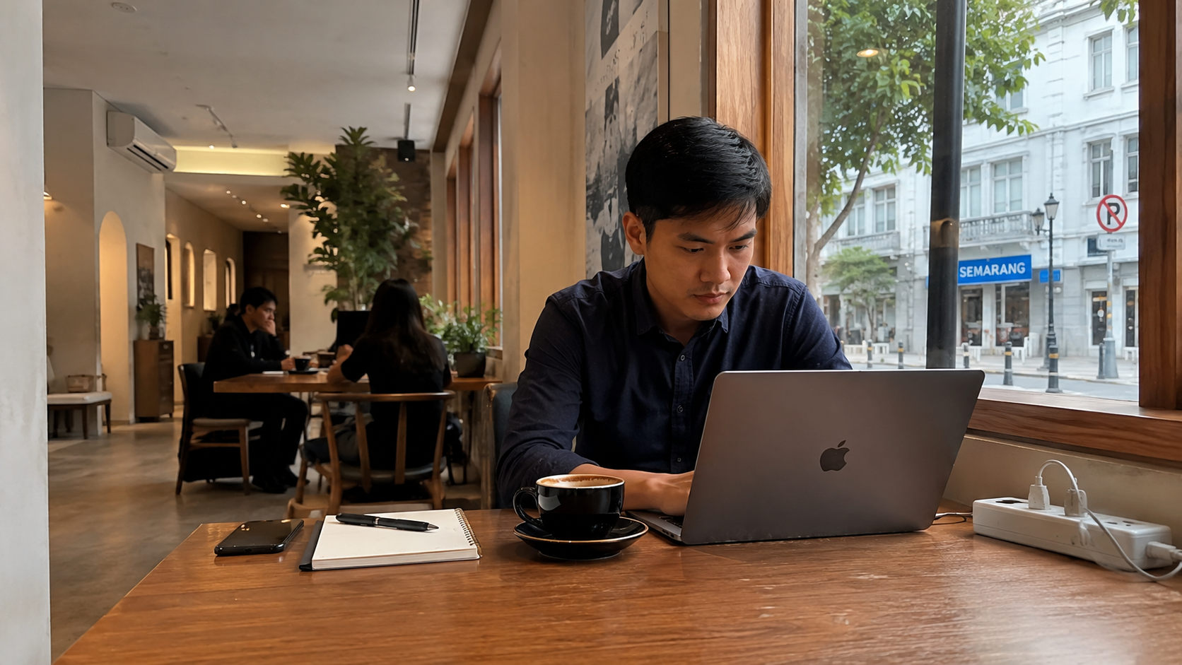 Interior cafe WFA Semarang dengan meja kerja dan colokan