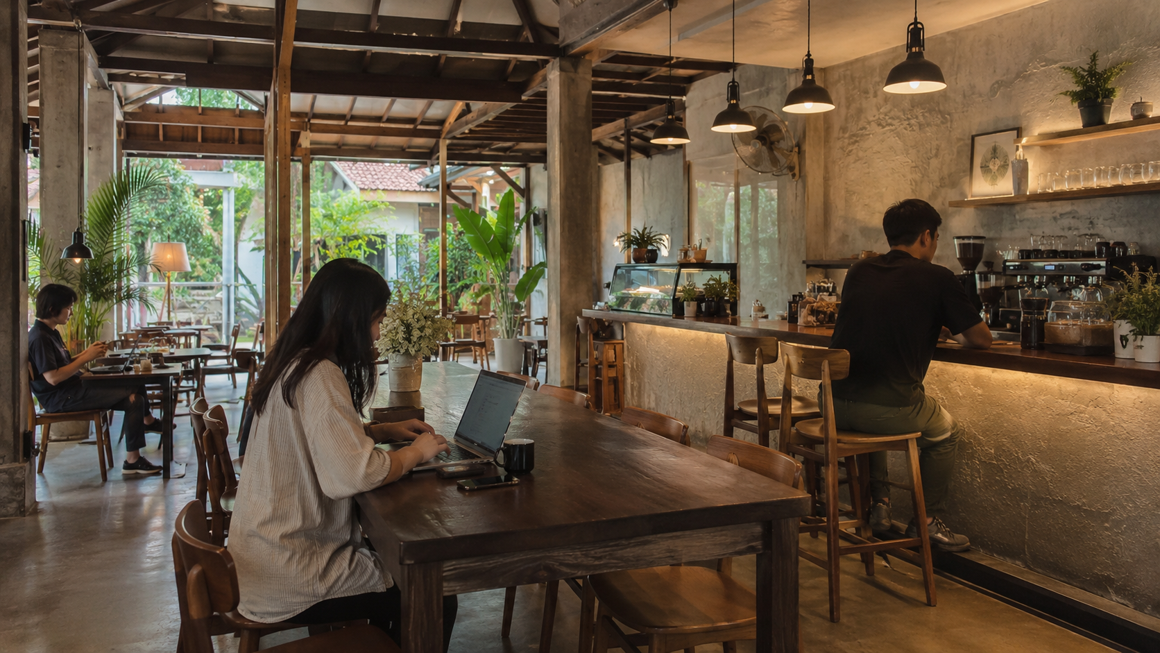 Folkafe Semarang tampak luar dengan papan nama dan tanaman hijau