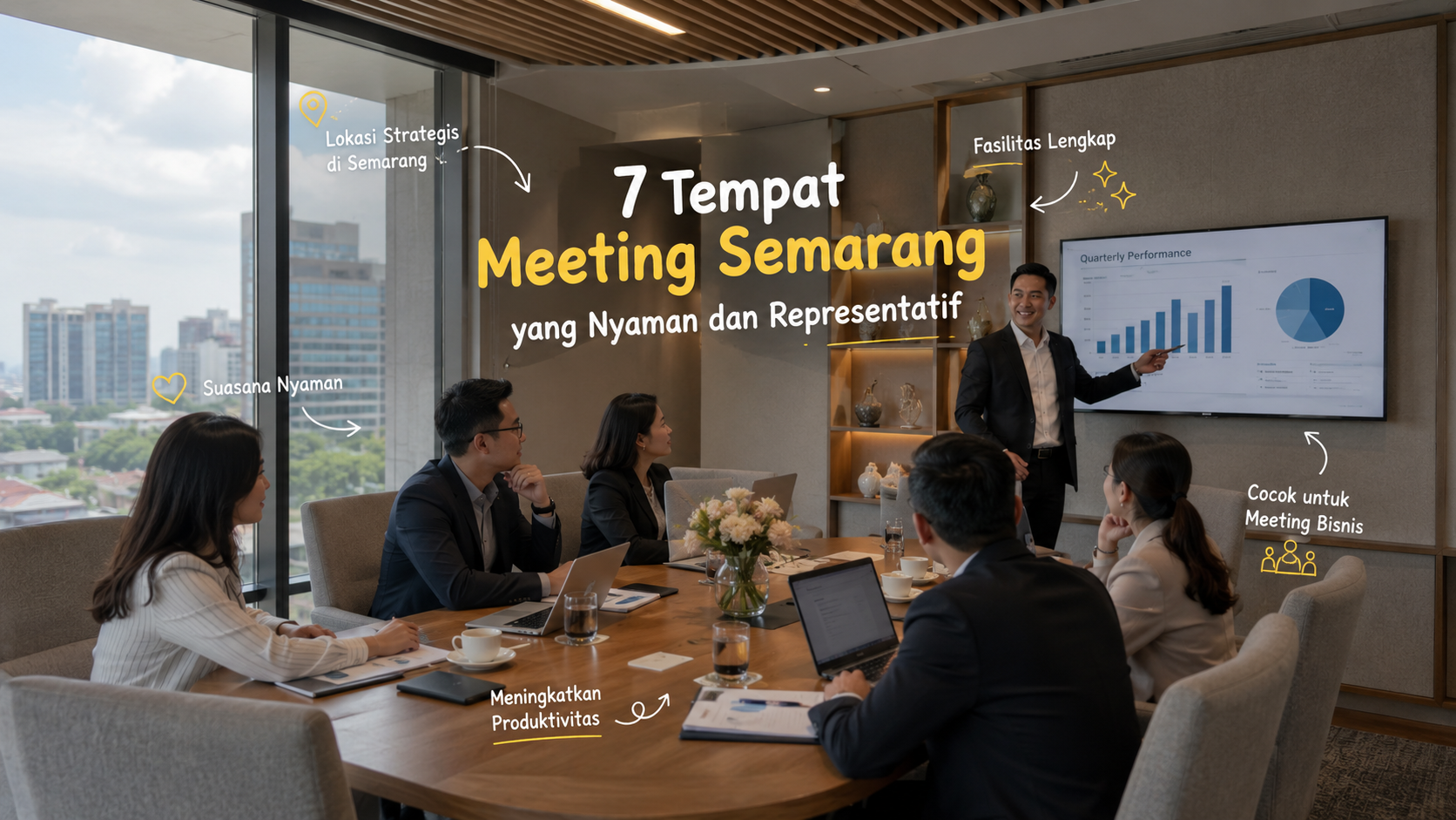 Interior meeting point Semarang di Spiegel All Day Bar & Dining dengan jendela besar dan meja kayu