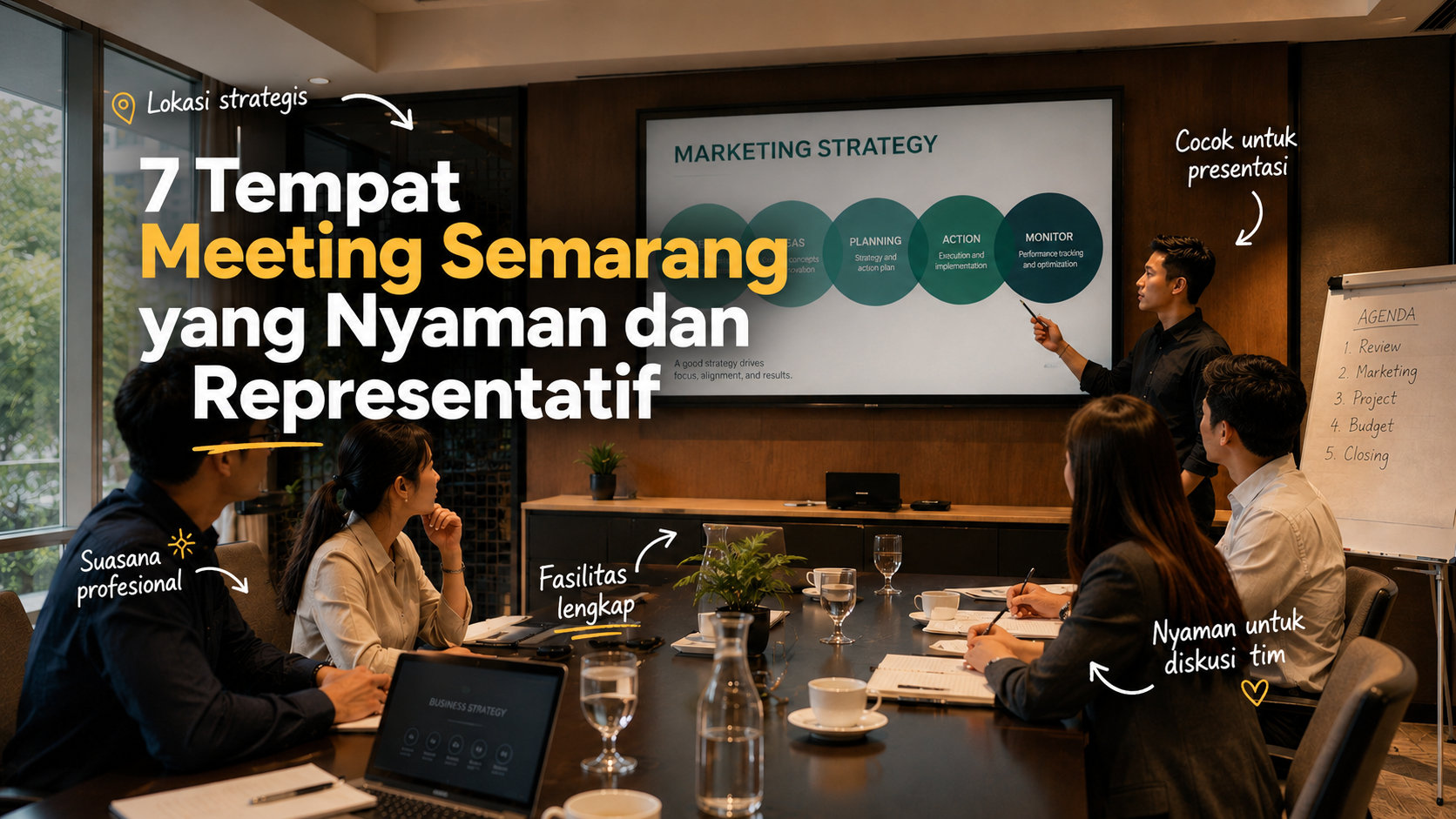 Suasana meeting point Semarang di Hetero Space dengan meja kerja dan ruang kolaborasi